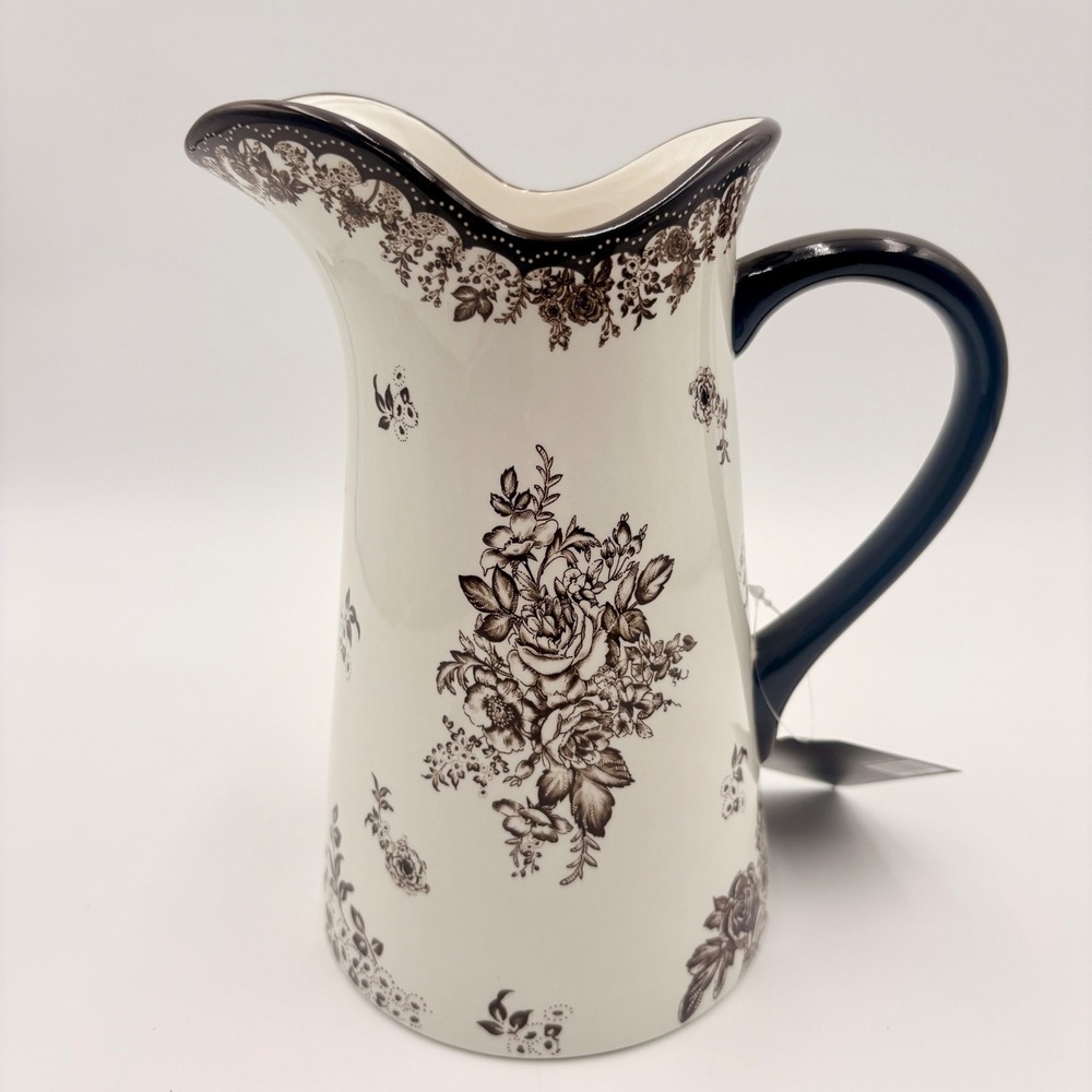 Robert Stanley Fall Classics Brown White Floral Toile Ceramic Pitcher Scalloped